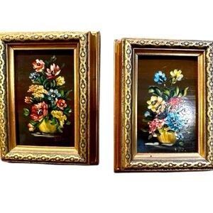 Vintage Dutch master Flemish style floral oil paintings signed pair